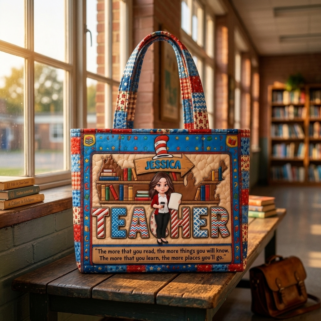 Personalized Quilted Tote Bag for Teacher Gift - Custom Name Quilted Tote Bag GradoCreations
