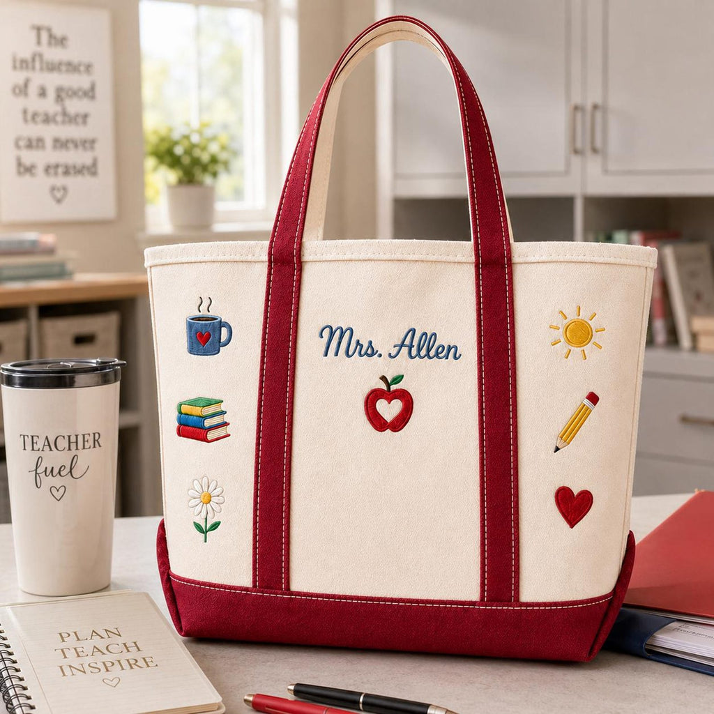 Personalized Teacher Tote Bag with Apple & Pencil Design Gift for Educators