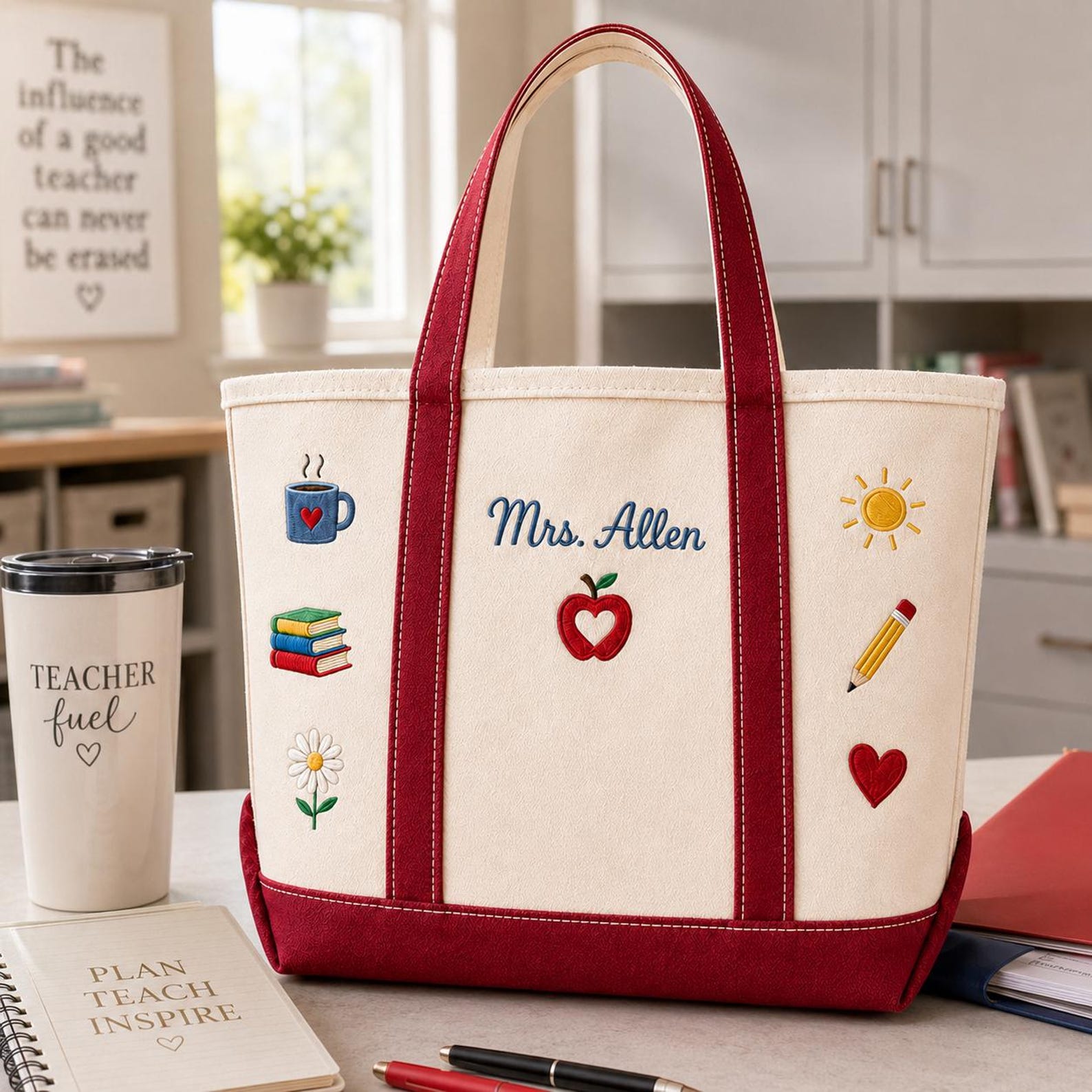 Personalized Teacher Tote Bag with Apple & Pencil Design Gift for Educators