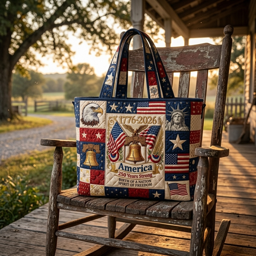 America 250 Years Strong Quilted Tote Bag - Patriotic Gift for Her Quilted Tote Bag GradoCreations