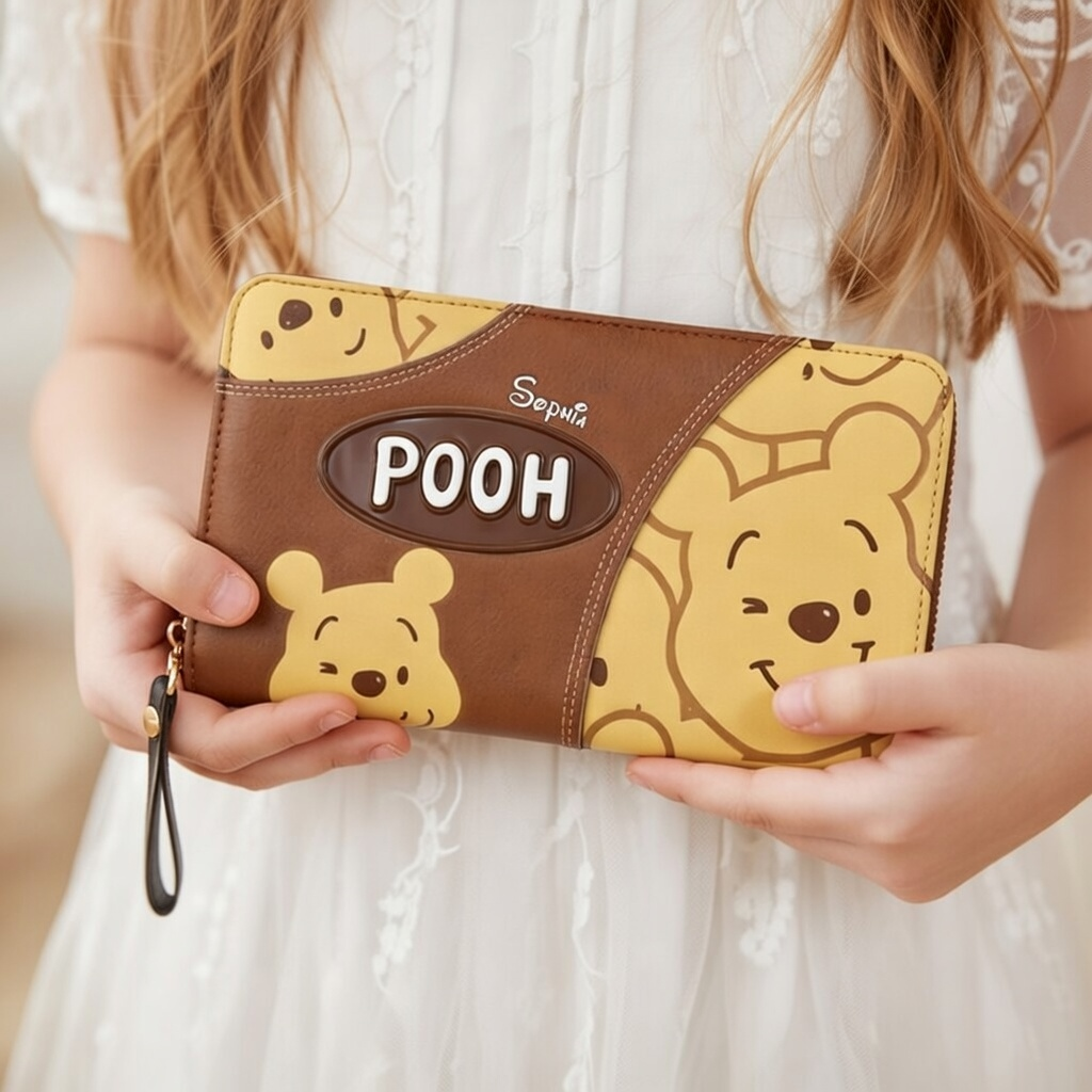 Personalized Leather Long Wallet with Pooh Design Gift Idea
