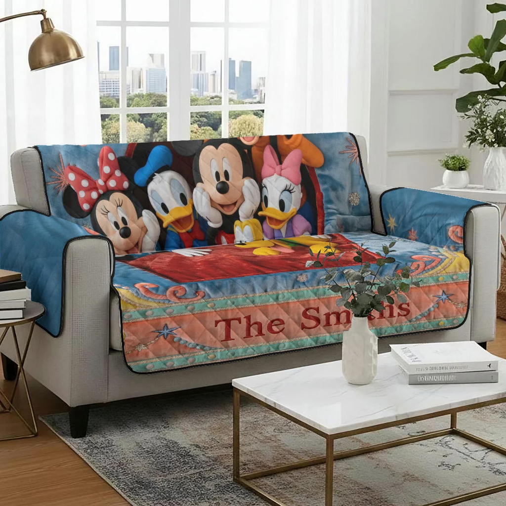 Personalized Quilted Sofa Cover with Disney Characters | Custom Family Gift Quited Sofa Cover GradoCreations