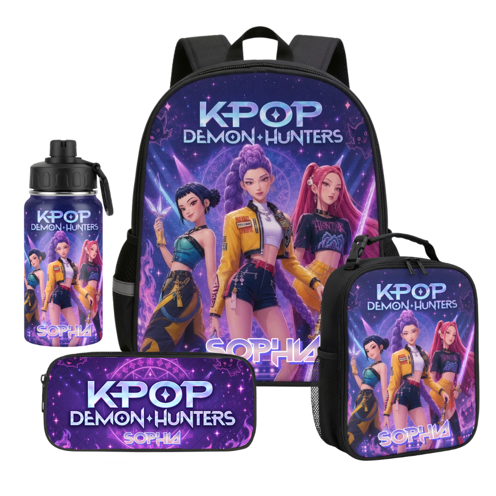 Personalized KPOP Demon Hunters School Set for Girls - Backpack, Lunch Bag, Pencil Case, Water Bottle School Bag+ GradoCreations