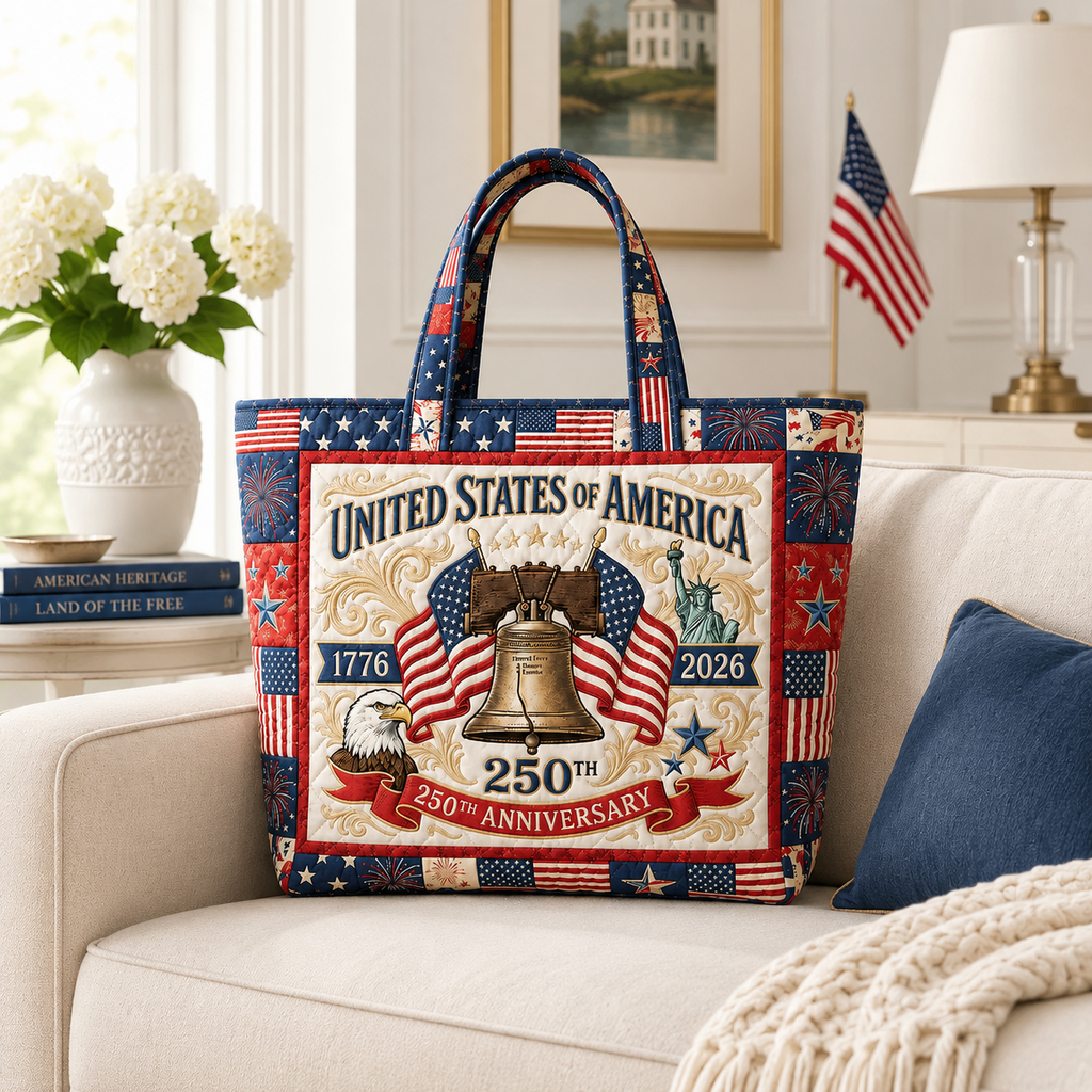 Quilted USA Flag Tote Bag with Liberty Bell Design - Patriotic Gift