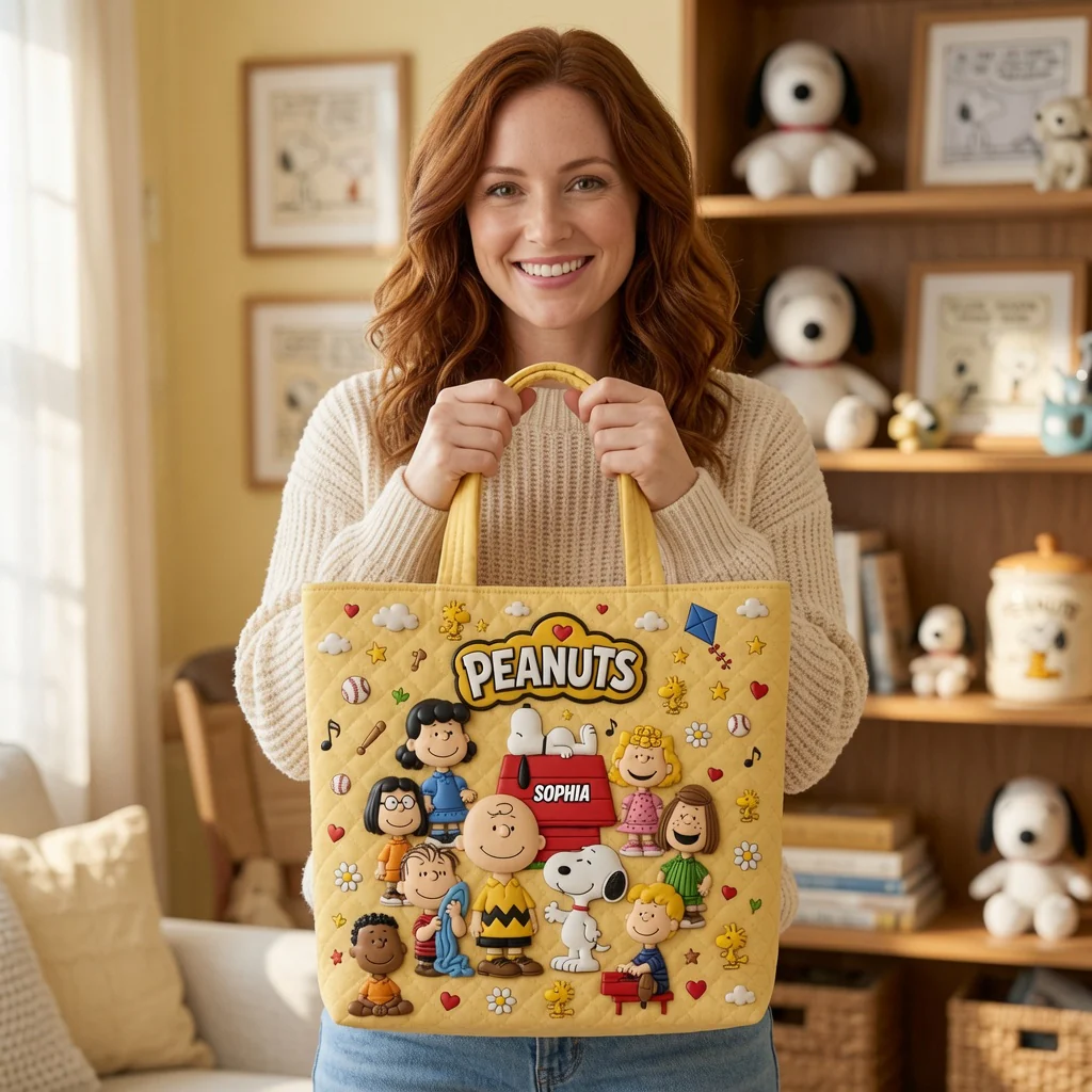 Personalized Peanuts Quilted Tote Bag Custom Name Gift for Her Quilted Tote Bag GradoCreations