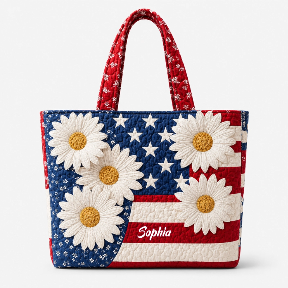 Personalized American Flag Daisy Quilted Tote Bag - Gift for Her