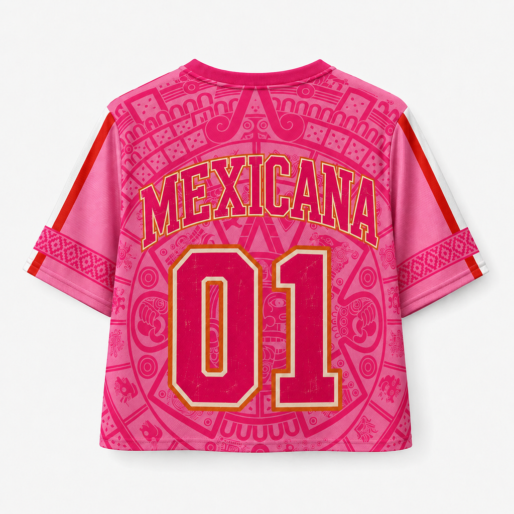 Personalized Pink Mexico Aztec Calendar Soccer Jersey Crop Tee Gift for Football Fans