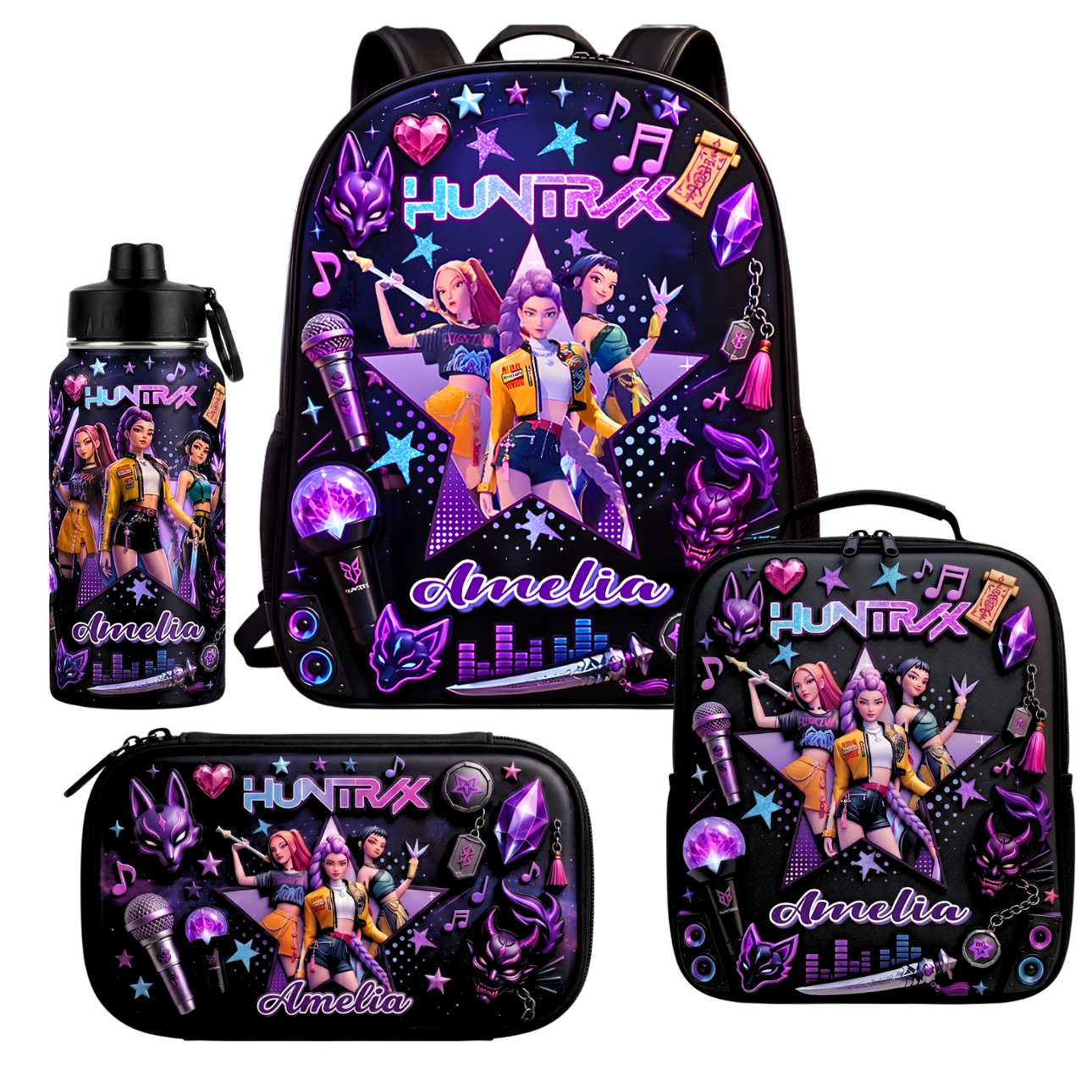 Personalized Cartoon Girl School Bag Set with Lunch Bag, Pencil Case & Water Bottle – Back to School Gift School Bag+ GradoCreations