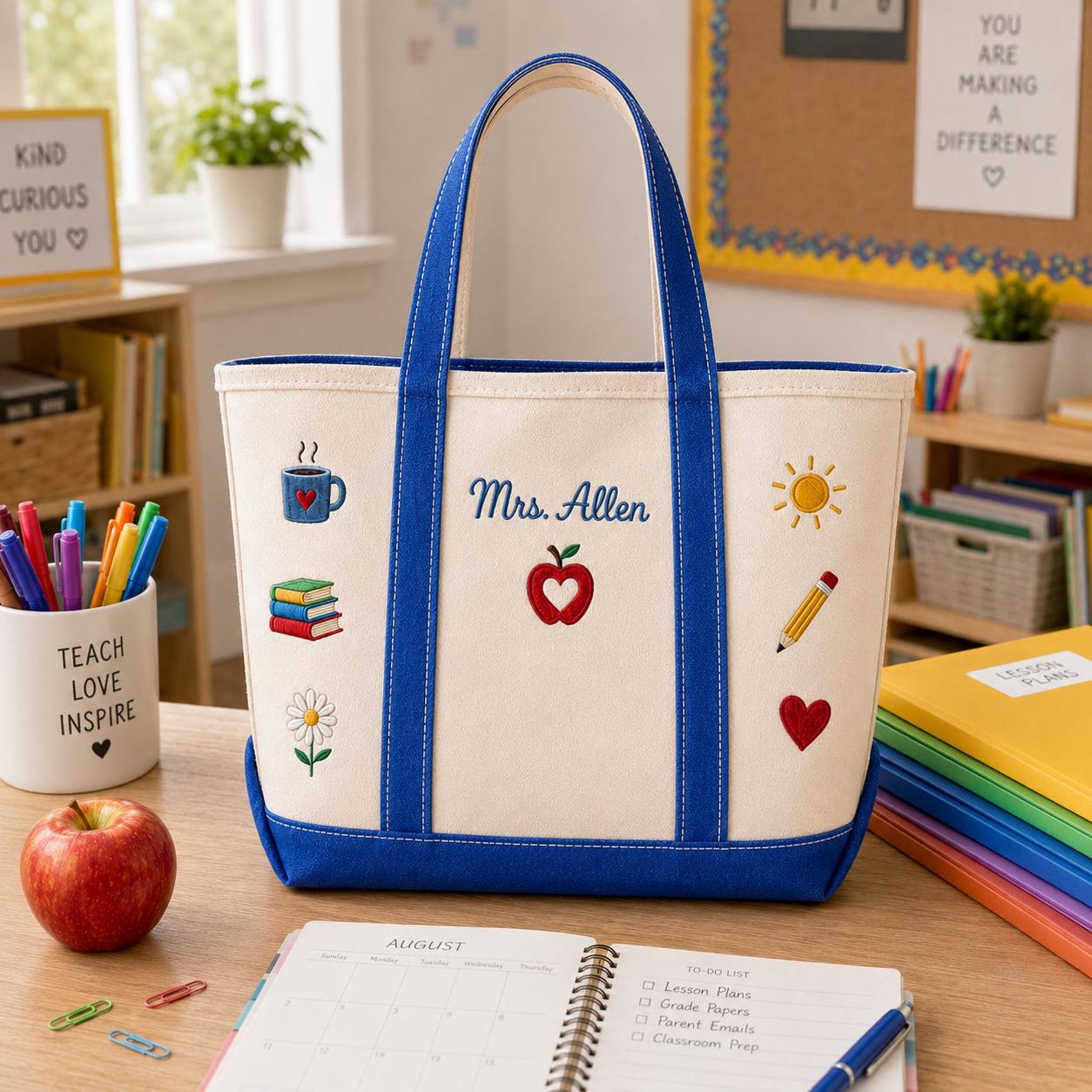Personalized Teacher Tote Bag with Apple & Pencil Design Gift for Educators