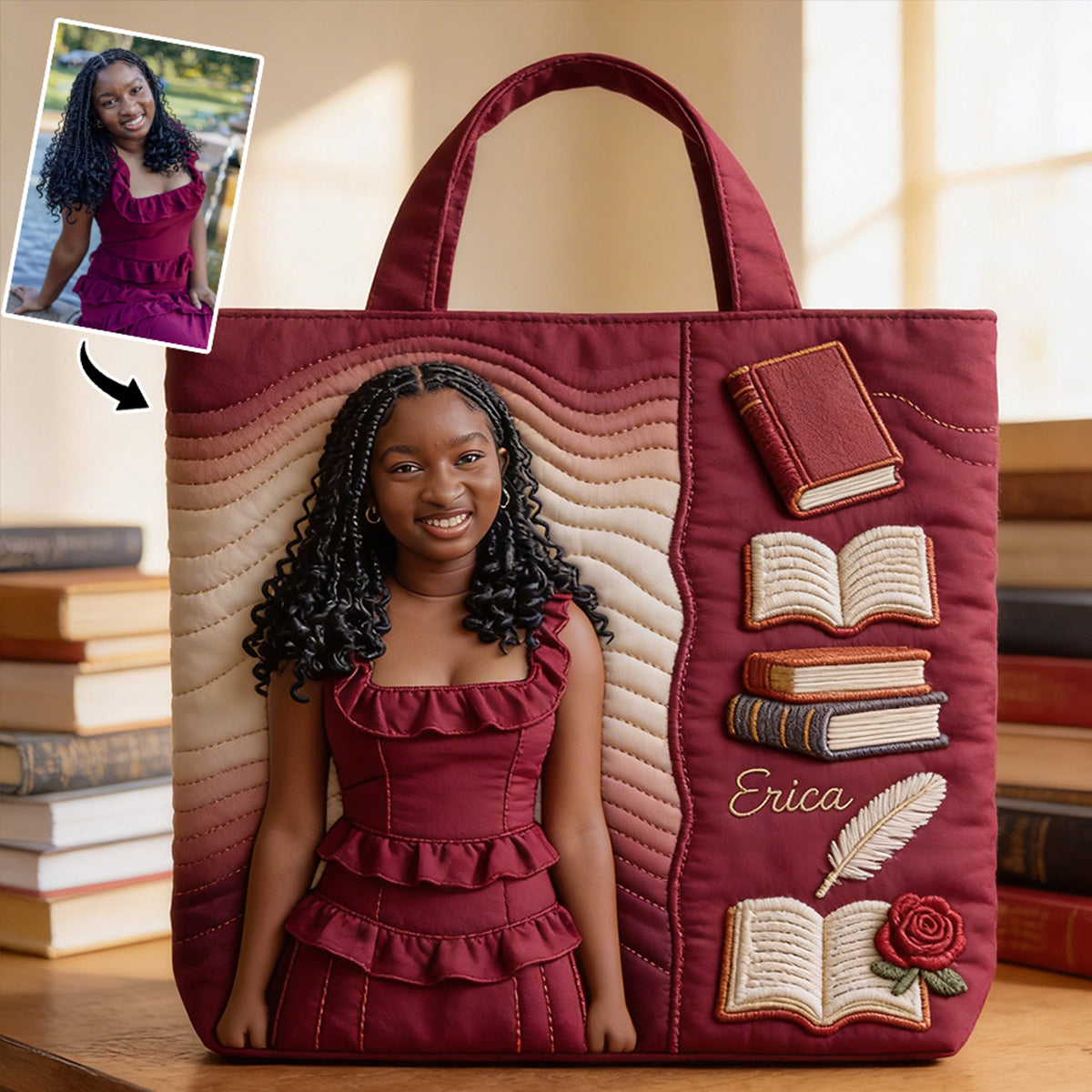 Personalized Quilted Tote Bag Photo Gift for Her - Book Lovers