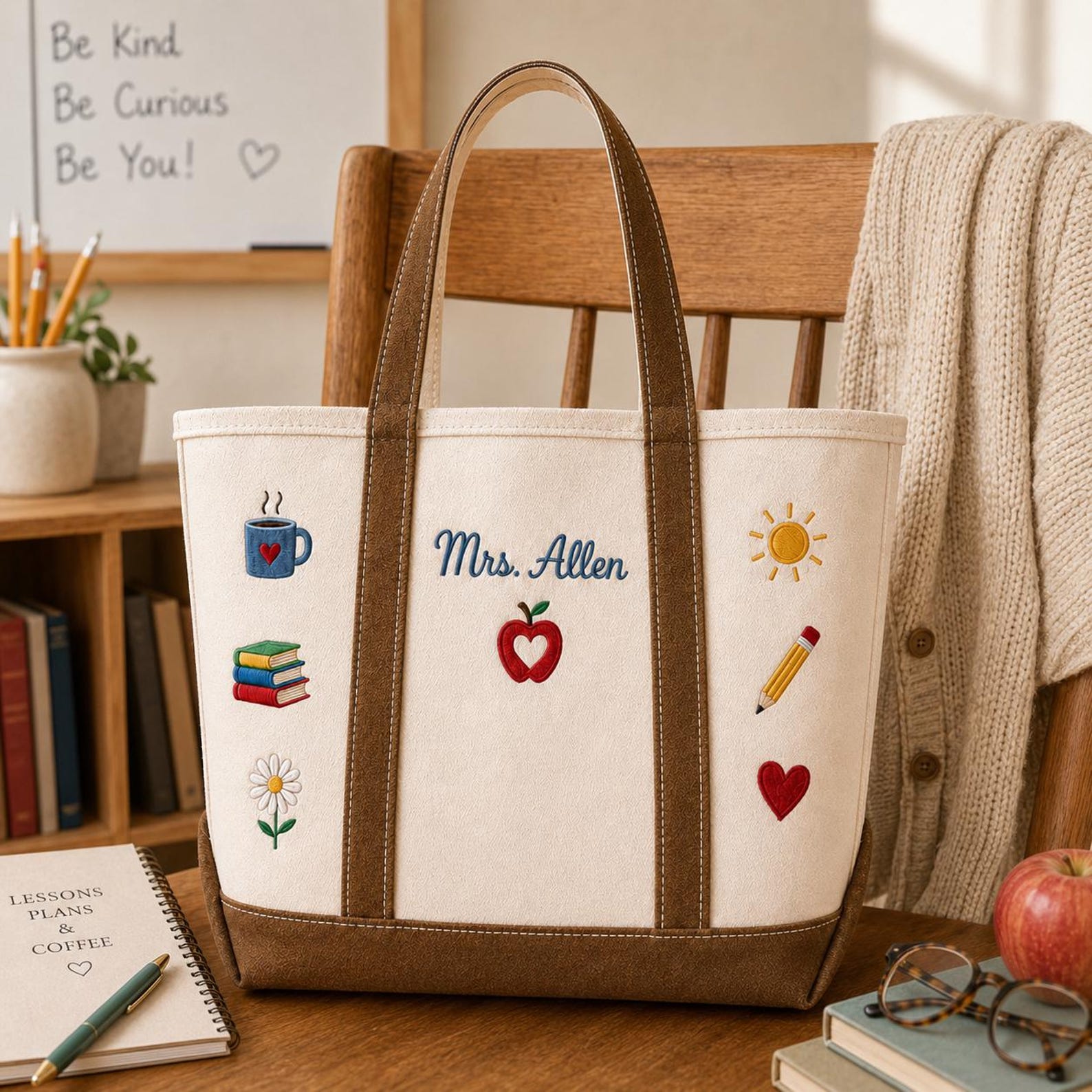 Personalized Teacher Tote Bag with Apple & Pencil Design Gift for Educators