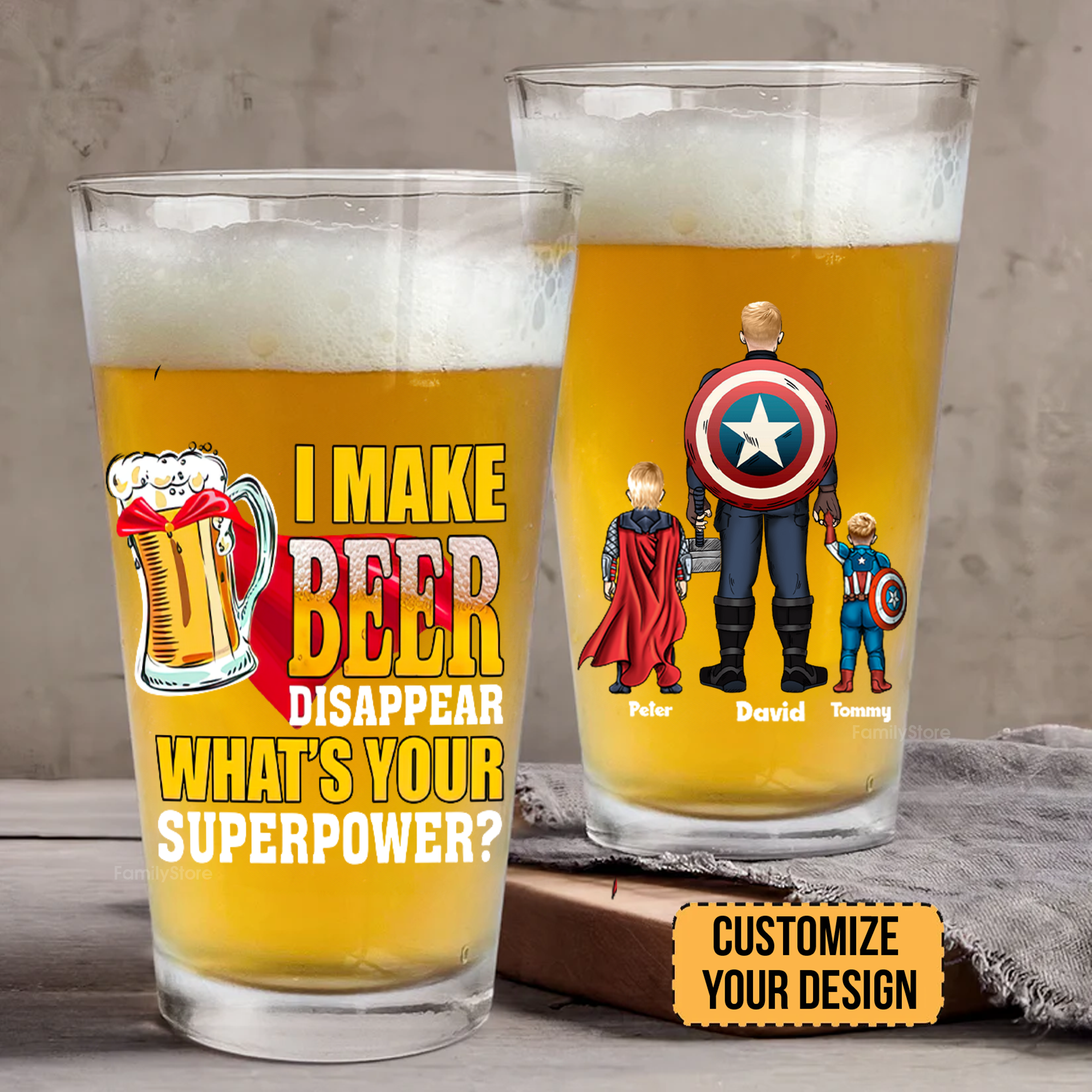 Personalized Beer Glass with Superpower Design Gift for Dad, Grandpa, Husband