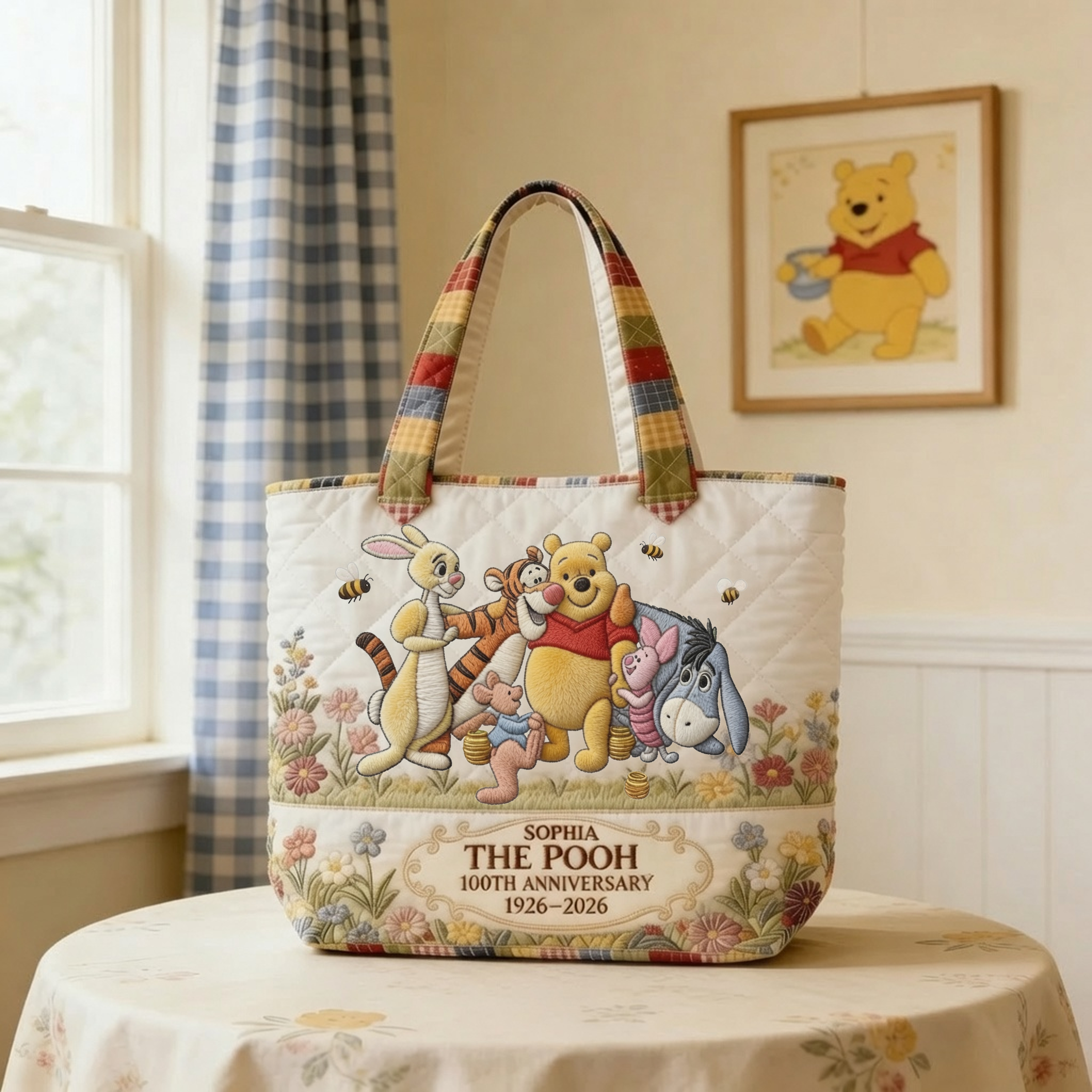 Personalized Quilted Tote Bag with Pooh Characters Gift for Movie Fans