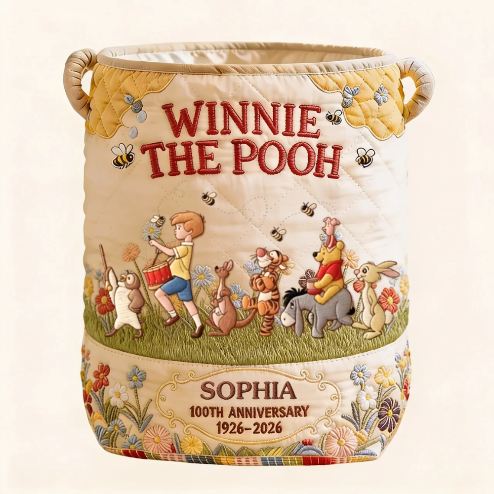 Personalized Quilted Laundry Basket Cute Winnie the Pooh Gift for Mom Quilted Laundry Basket GradoCreations