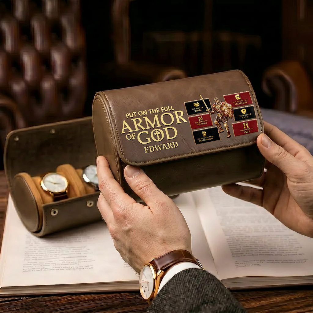 Personalized Leather Watch Case for Dad - Custom Armor of God Gift
