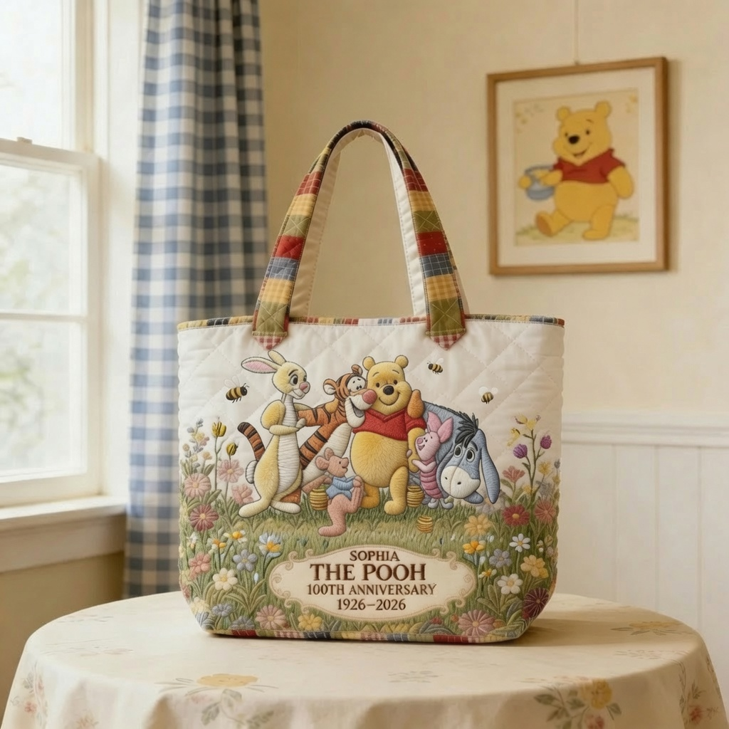 Personalized Quilted Tote Bag with Pooh Characters Gift for Movie Fans