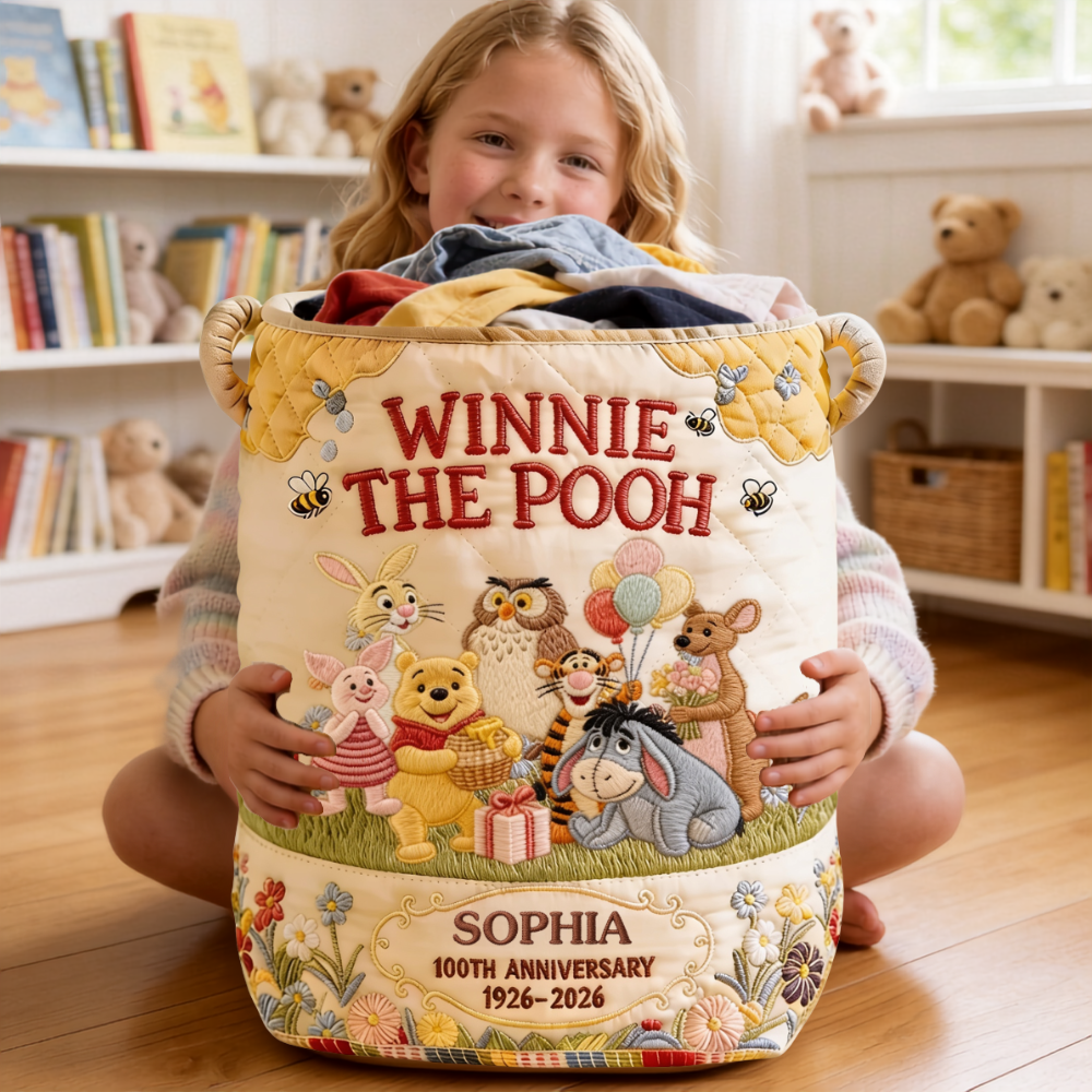 Personalized Quilted Laundry Basket Winnie the Pooh Gift for Kids Quilted Laundry Basket GradoCreations