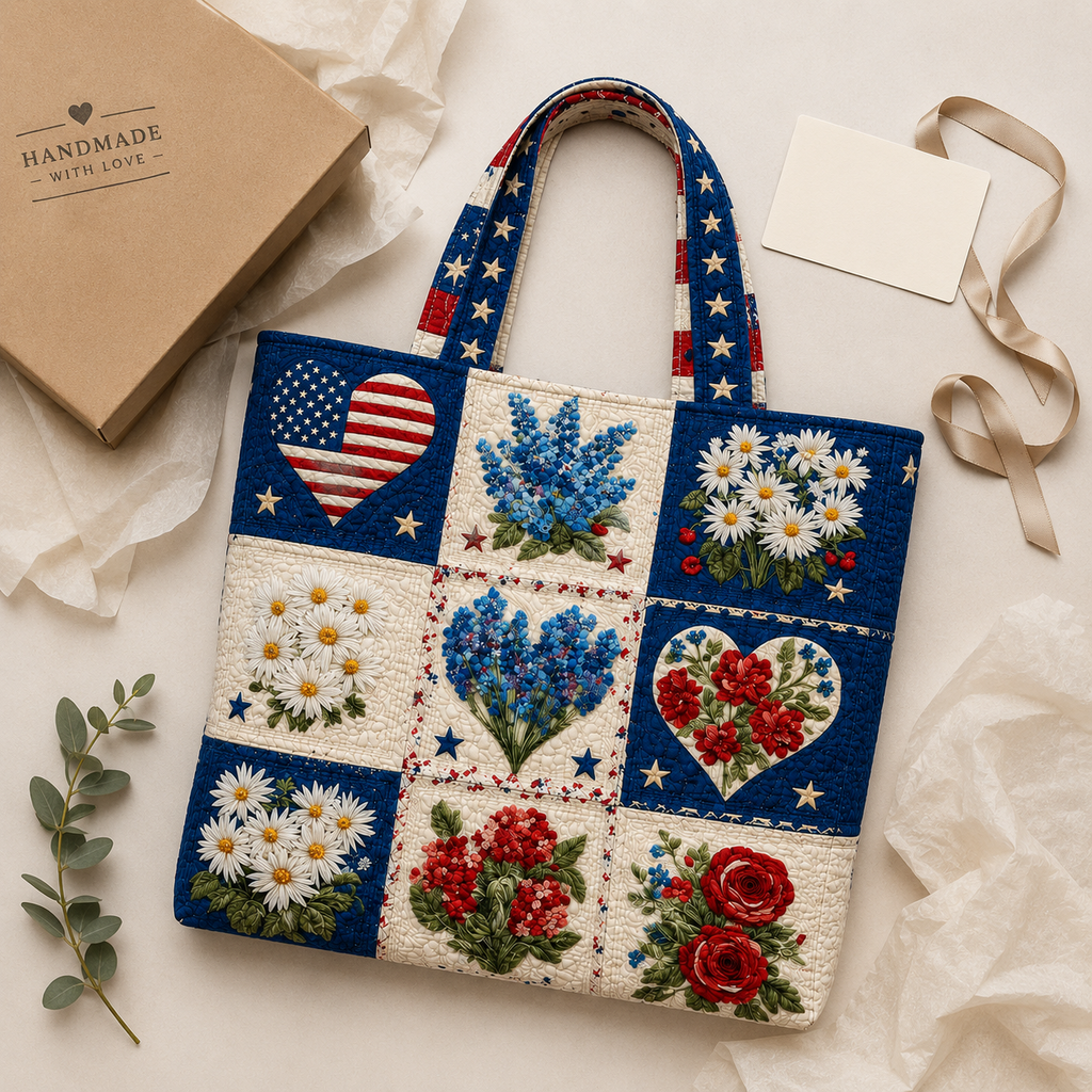 Personalized Quilted Tote Bag American Flag Floral Gift for Her