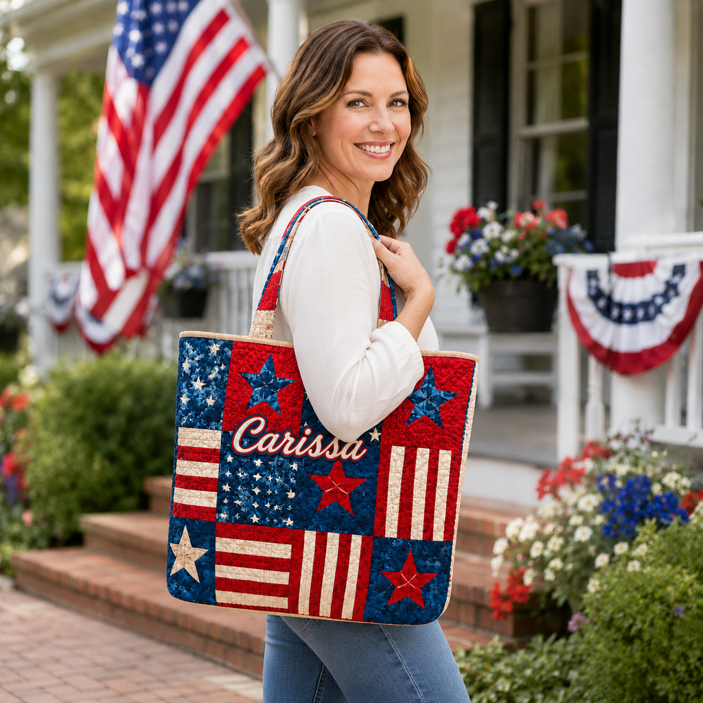 Personalized Red White Blue Quilted Tote Bag Gift for Her - 250th USA Anniversary