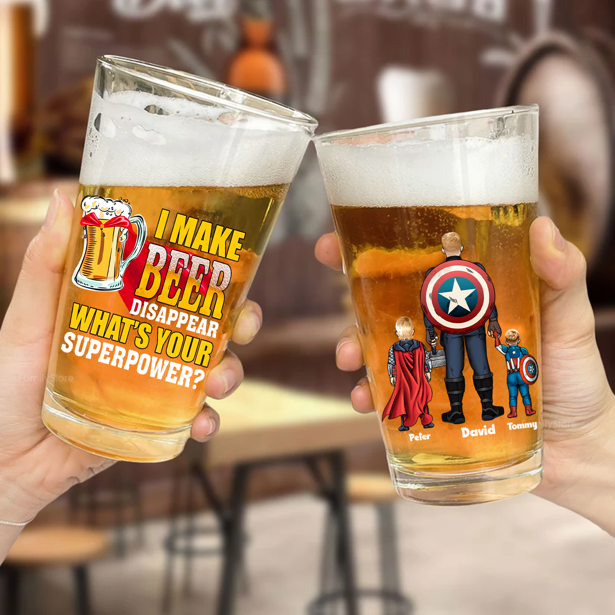 Personalized Beer Glass with Superpower Design Gift for Dad, Grandpa, Husband