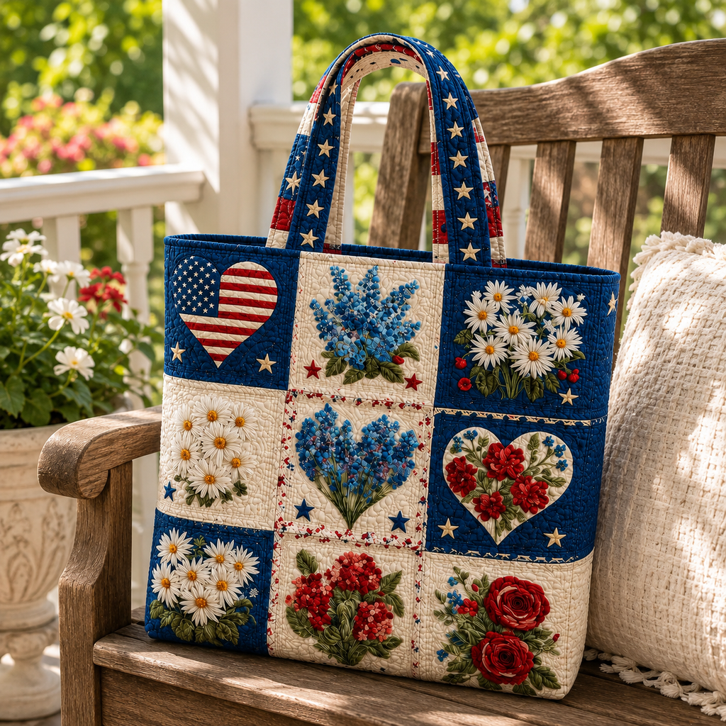 Personalized Quilted Tote Bag American Flag Floral Gift for Her