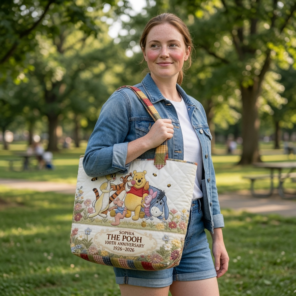 Personalized Quilted Tote Bag with Pooh Characters Gift for Movie Fans
