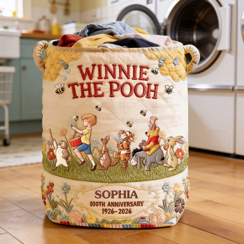 Personalized Quilted Laundry Basket Cute Winnie the Pooh Gift for Mom Quilted Laundry Basket GradoCreations