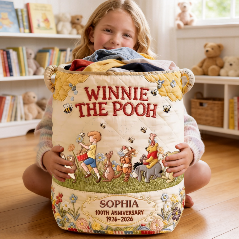 Personalized Quilted Laundry Basket Cute Winnie the Pooh Gift for Mom Quilted Laundry Basket GradoCreations