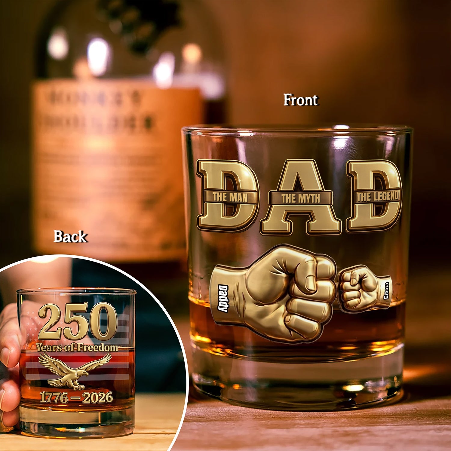 Personalized Whiskey Glass Custom Name Gift for Dad 250 Years of Freedom HN590 - Print Rock Glass GradoCreations
