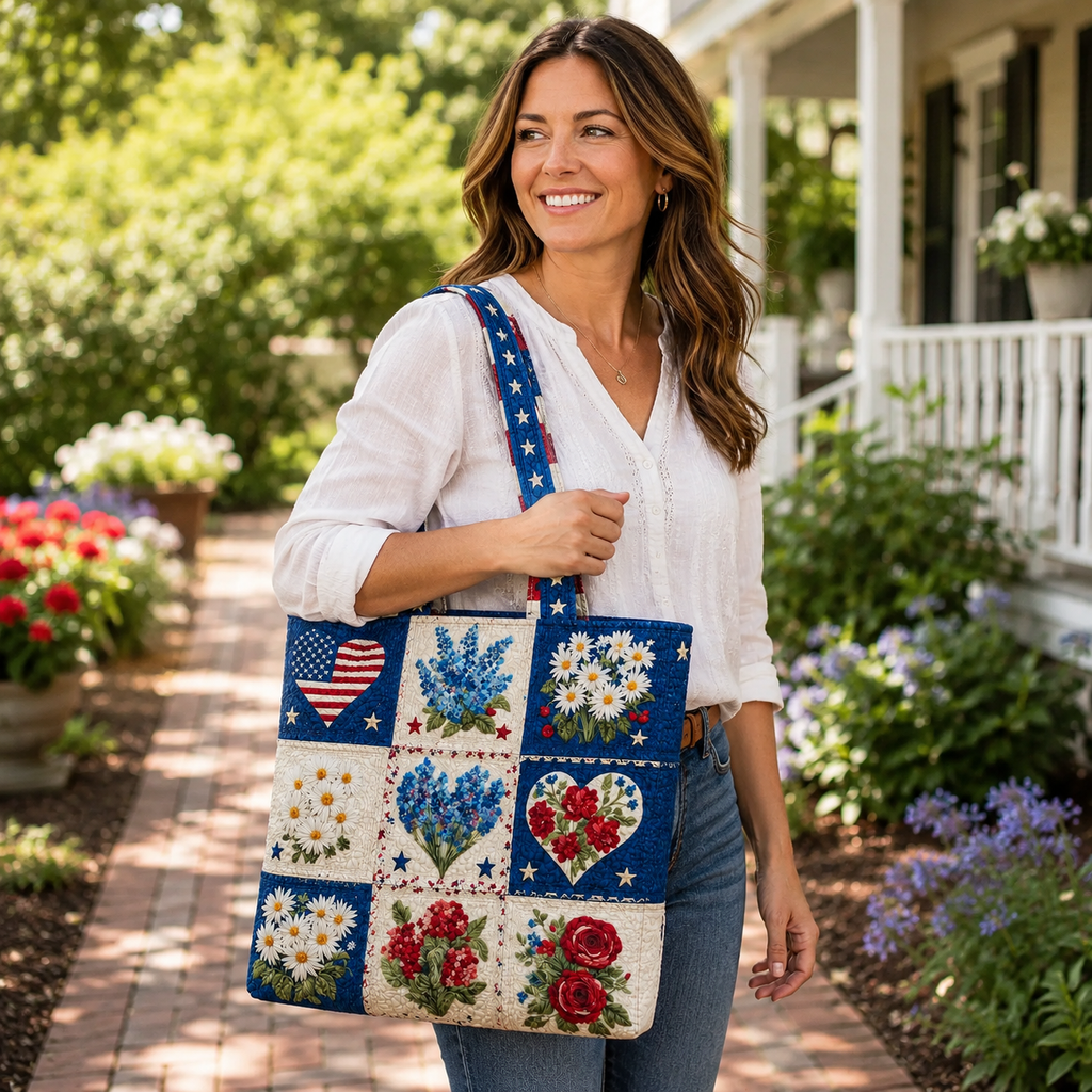 Personalized Quilted Tote Bag American Flag Floral Gift for Her