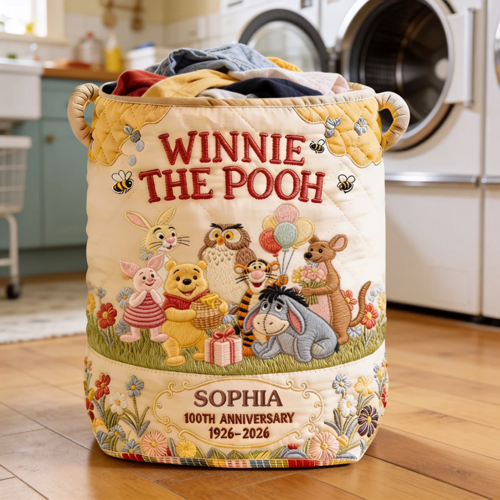Personalized Quilted Laundry Basket Winnie the Pooh Gift for Kids Quilted Laundry Basket GradoCreations