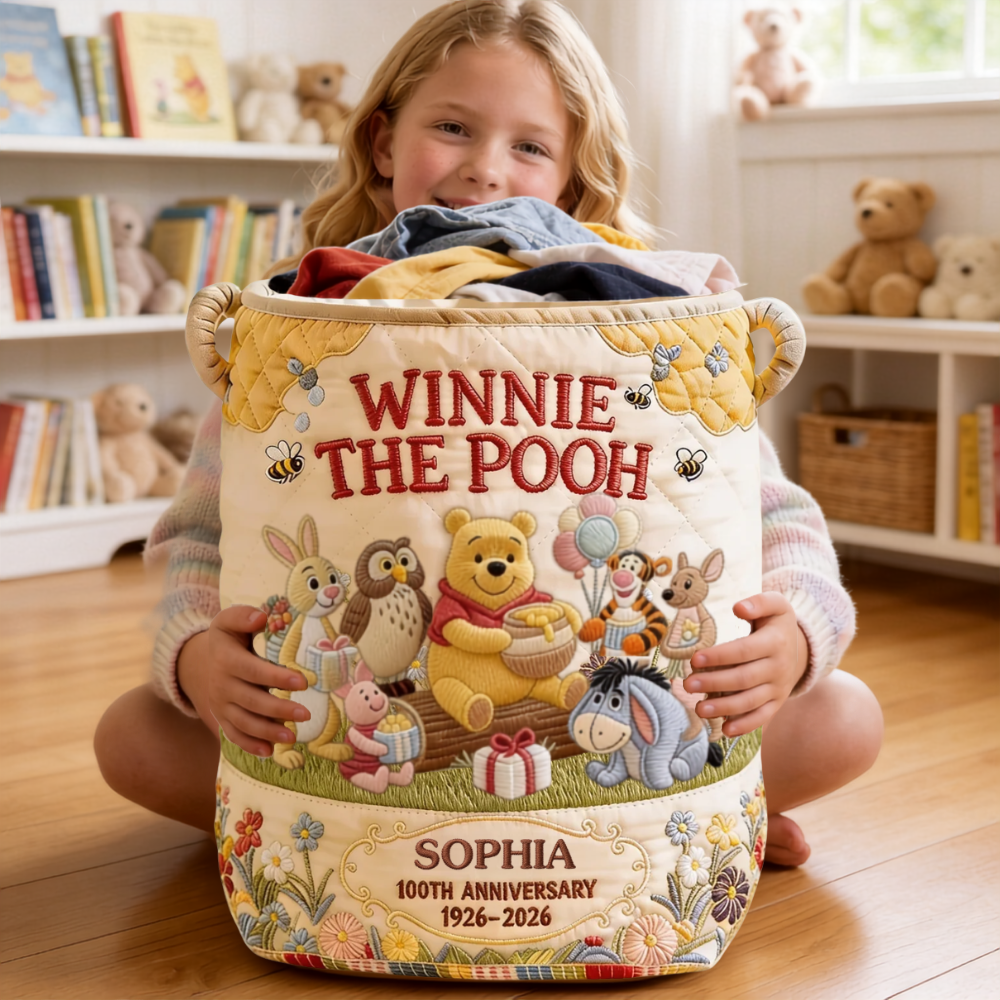 Personalized Winnie the Pooh Quilted Laundry Basket Gift for Kids Quilted Laundry Basket GradoCreations