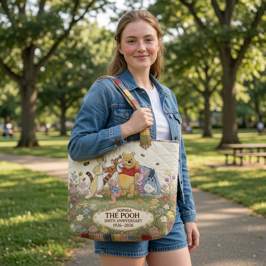 Personalized Quilted Tote Bag with Pooh Characters Gift for Movie Fans