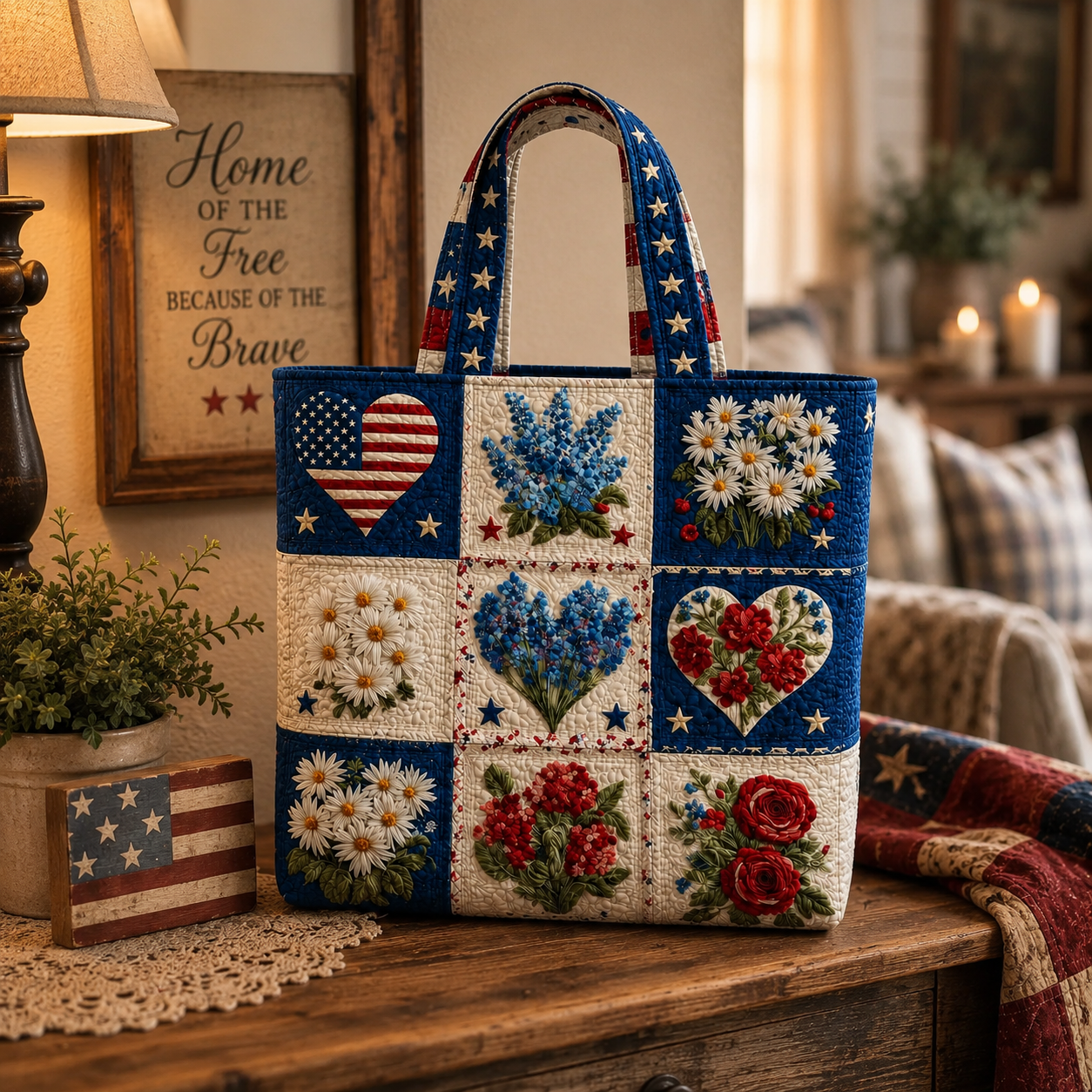 Personalized Quilted Tote Bag American Flag Floral Gift for Her