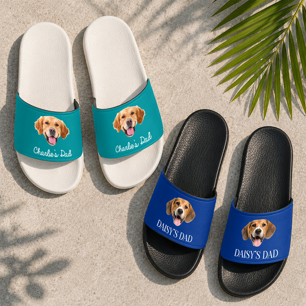 Personalized Photo Dog Dad Slide Sandals Custom Gift HN590 - Slide Sandals GradoCreations