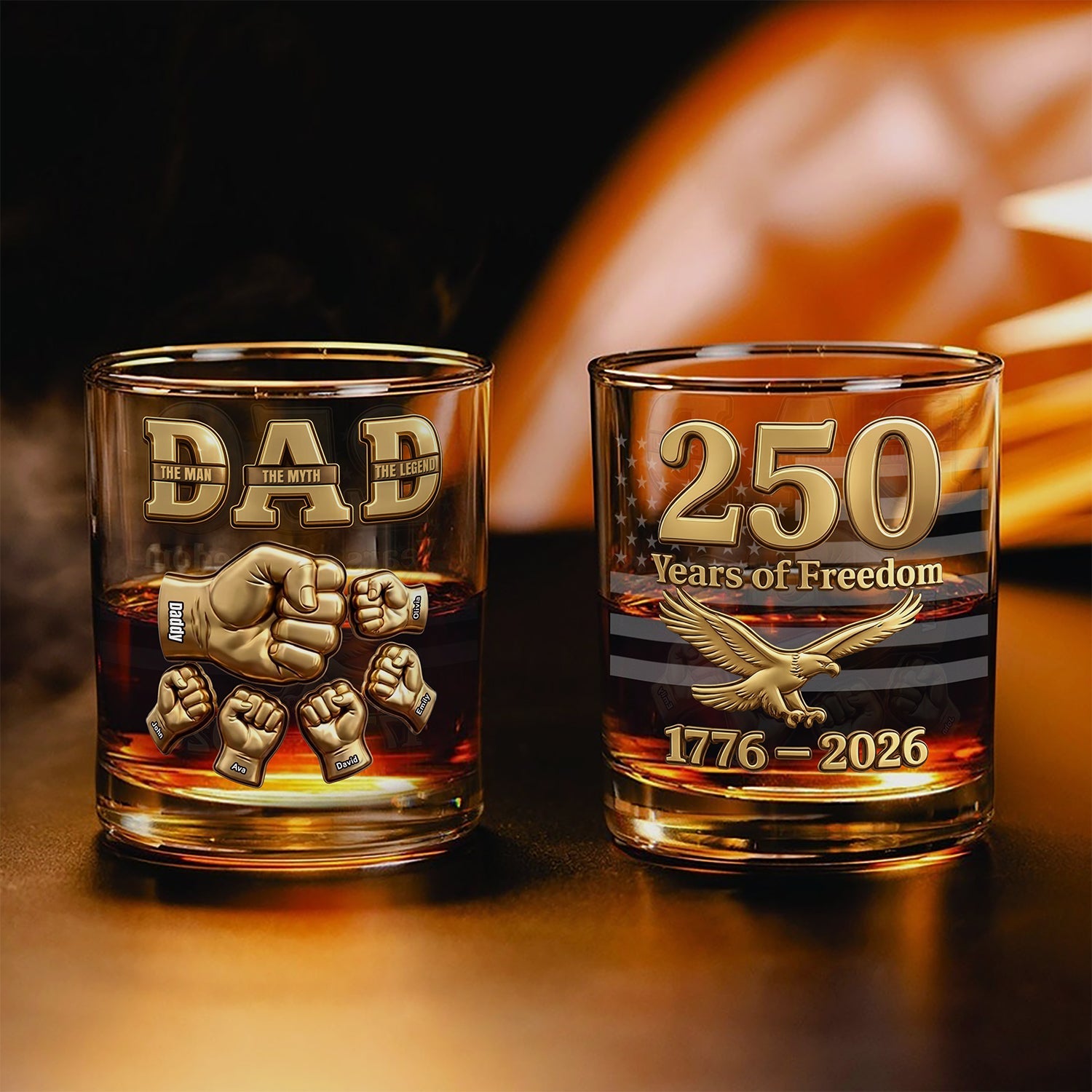 Personalized Whiskey Glass Custom Name Gift for Dad 250 Years of Freedom HN590 - Print Rock Glass GradoCreations