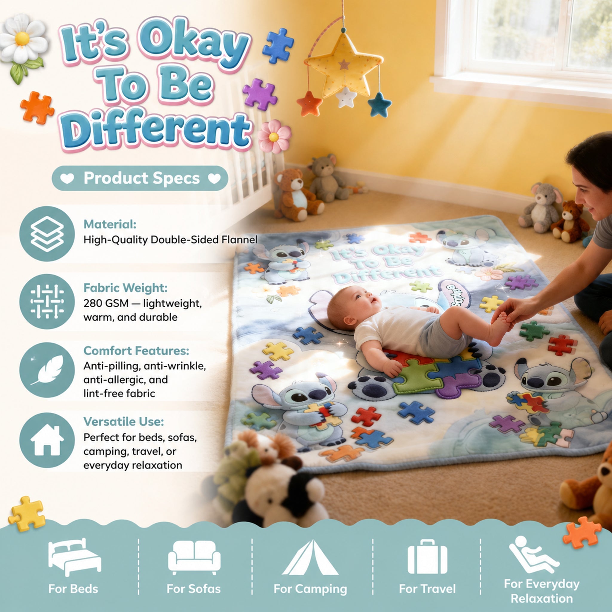 Personalized Autism Awareness Blanket Soft Flannel Gift for Kids Blanket GradoCreations