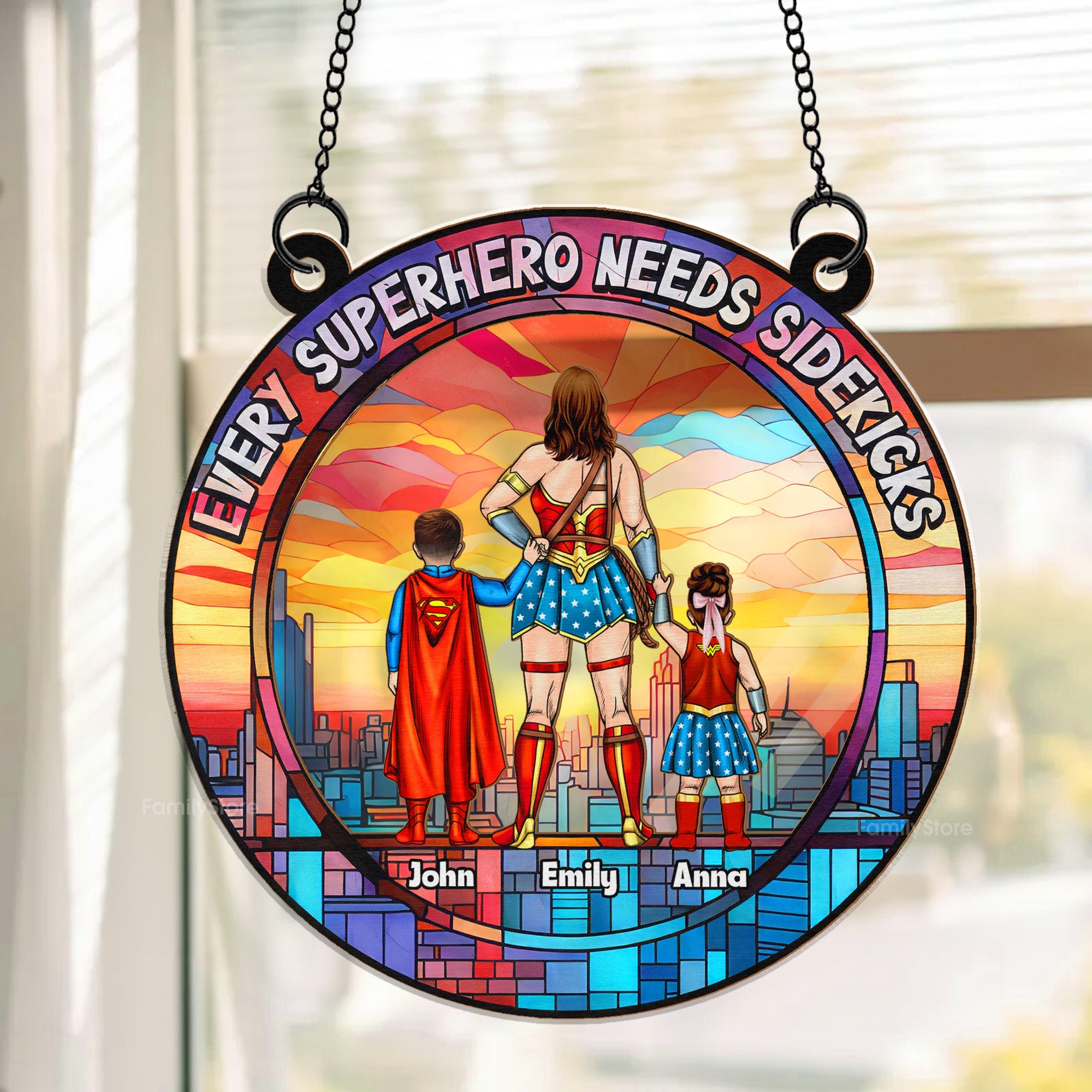 Personalized Superhero Sidekick Suncatcher Ornament Gift for Mom, Wife