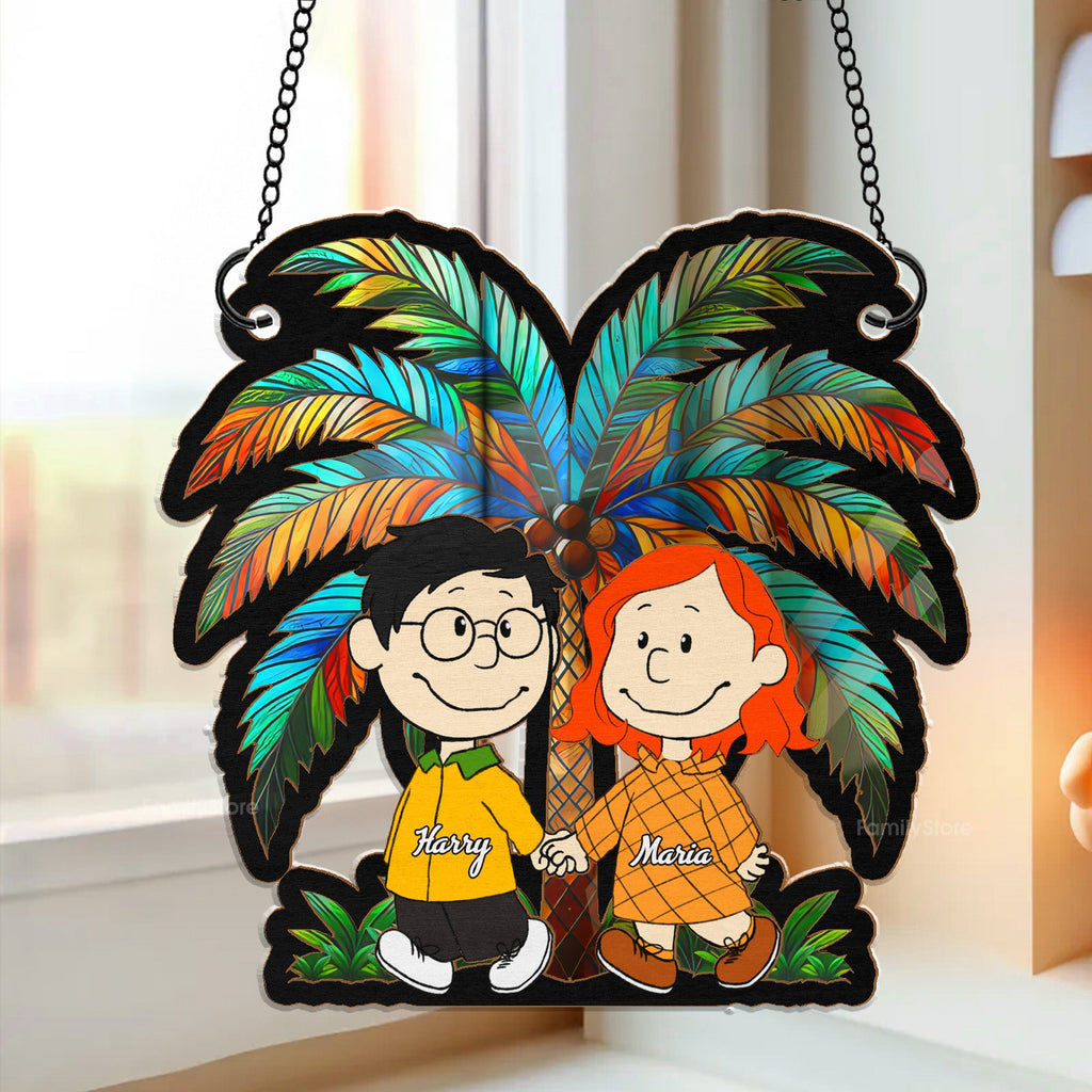 Personalized Palm Tree Sunset Suncatcher Ornament Gift for Couple