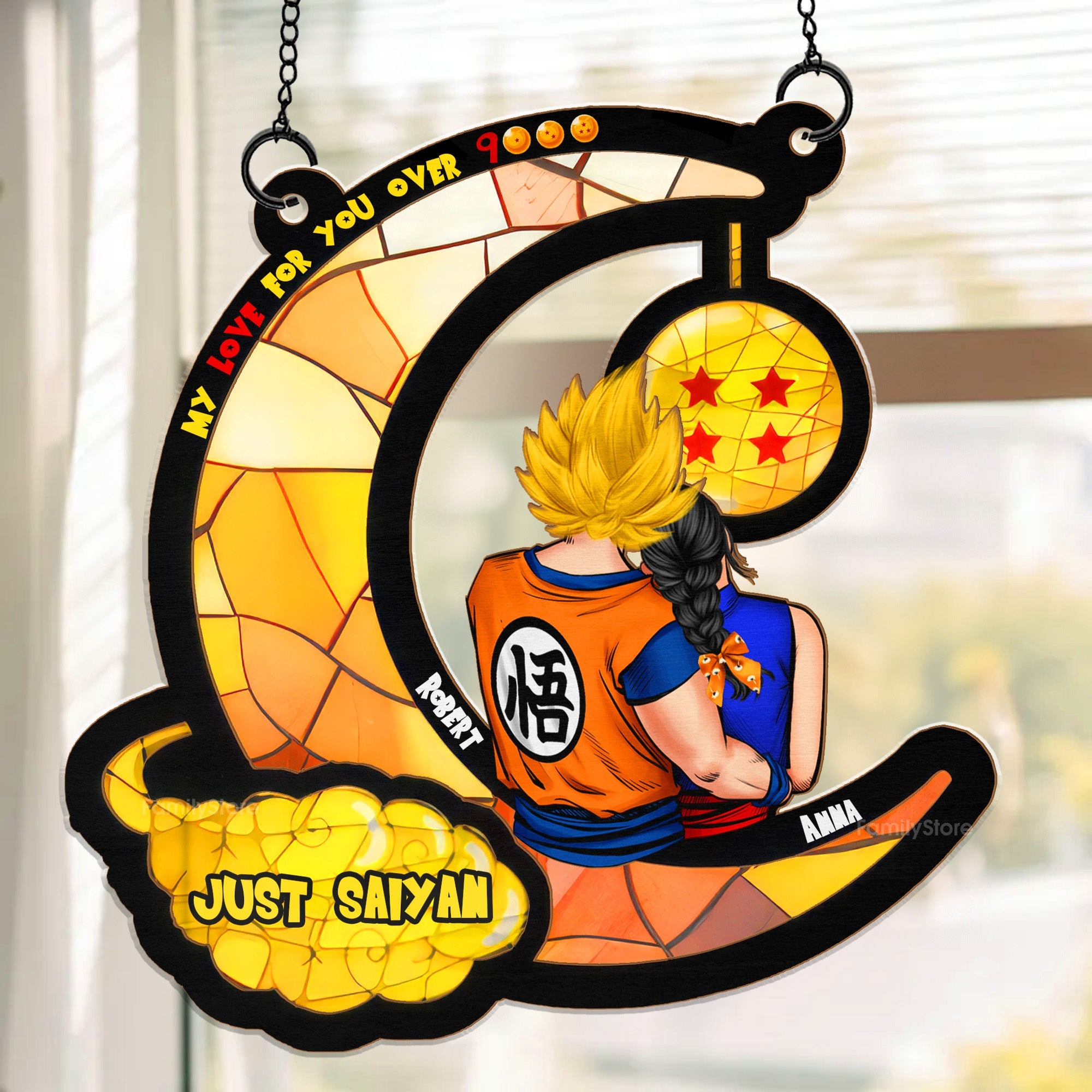Personalized Window Hanging Suncatcher My Love Over 9000 Gift for Couple