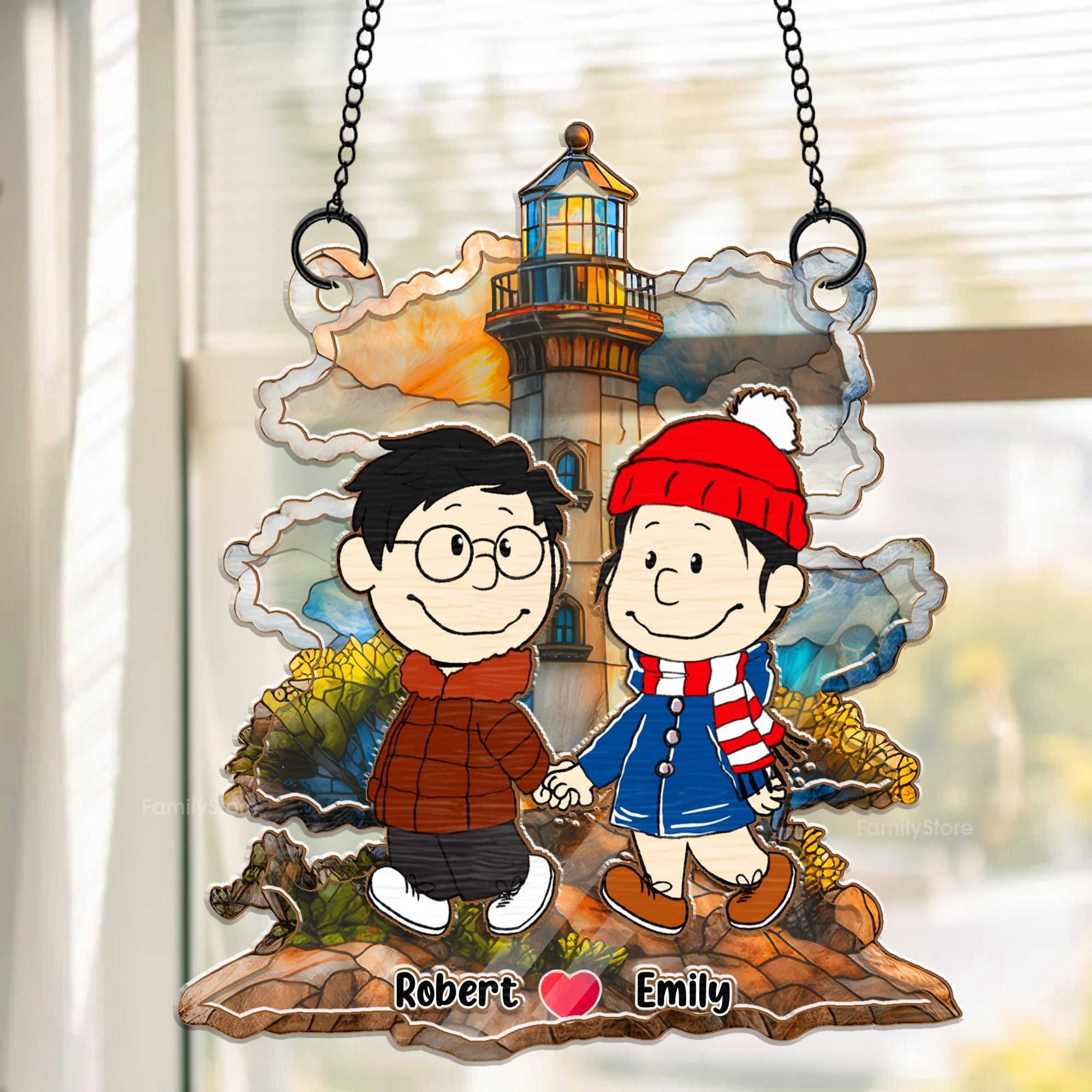 Personalized Couple Sunset Lighthouse Suncatcher Gift