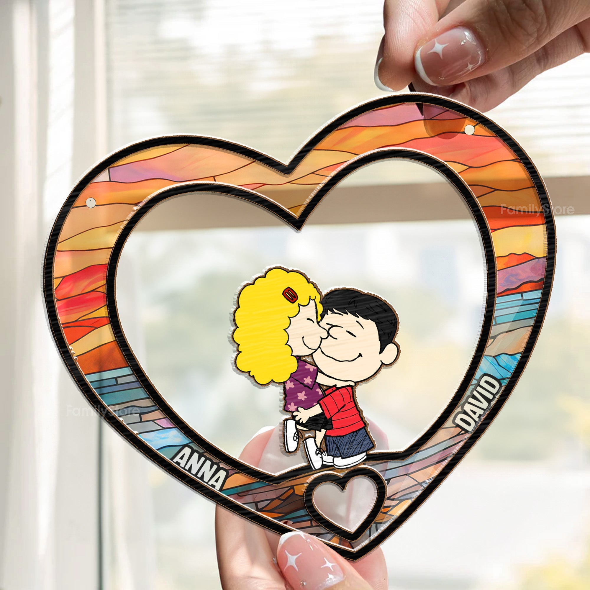Personalized Heart-Shaped Suncatcher Ornament for Couples - Wood & Acrylic | Gift for Husband or Wife
