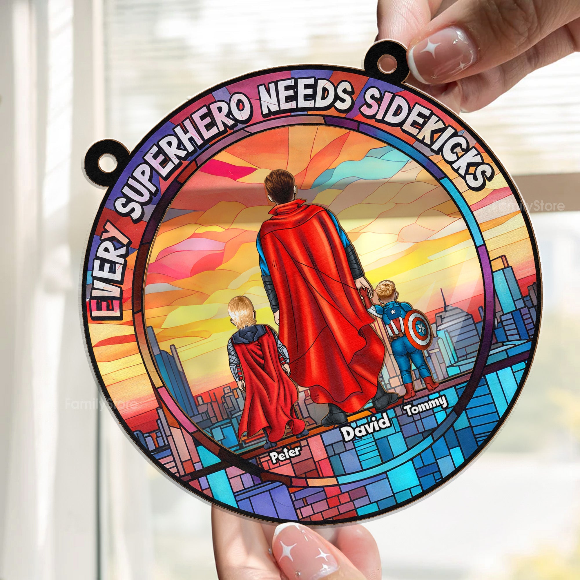 Personalized Superhero Sidekick Window Suncatcher Ornament Gift for Dad