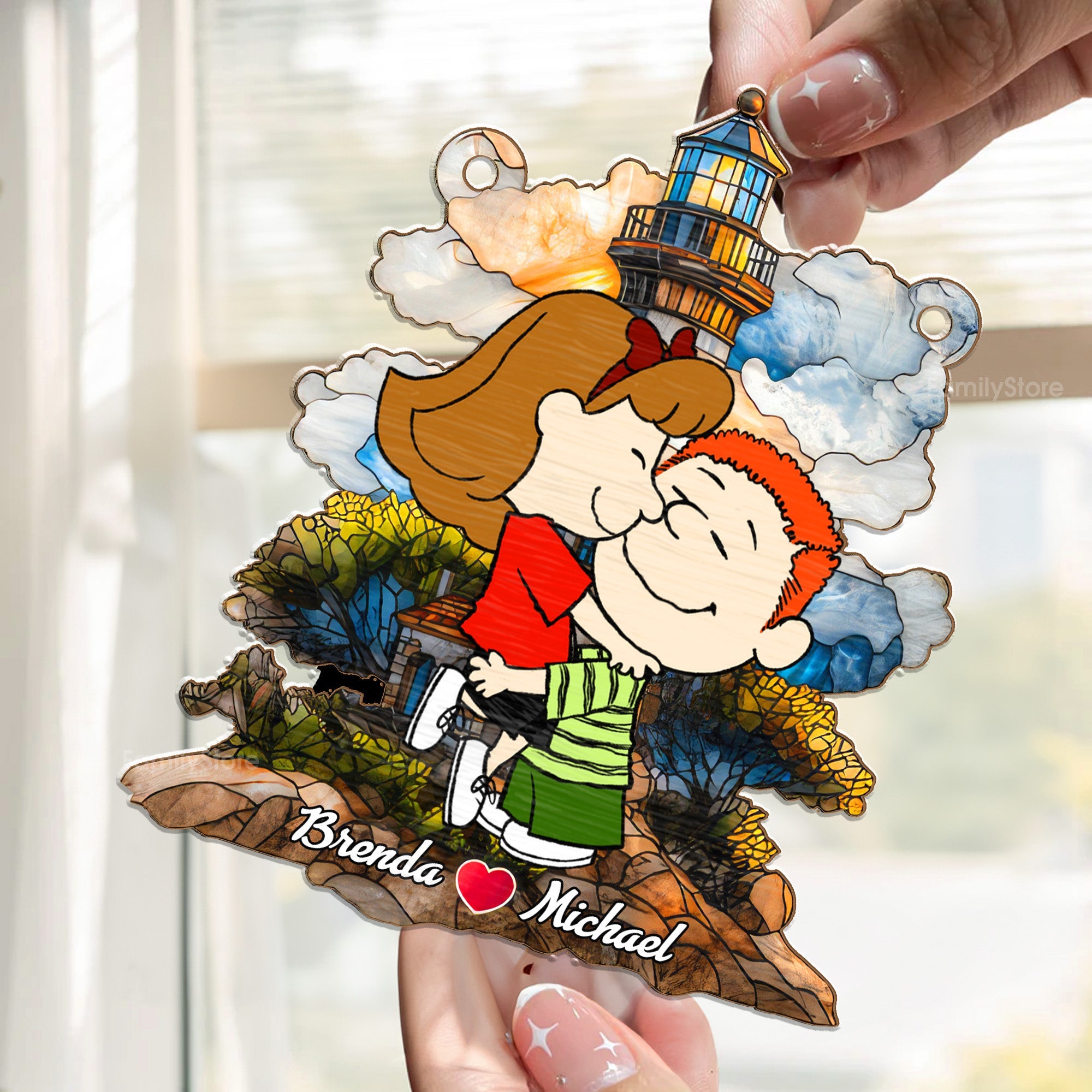 Personalized Cartoon Family Suncatcher Window Ornament Gift for Couple