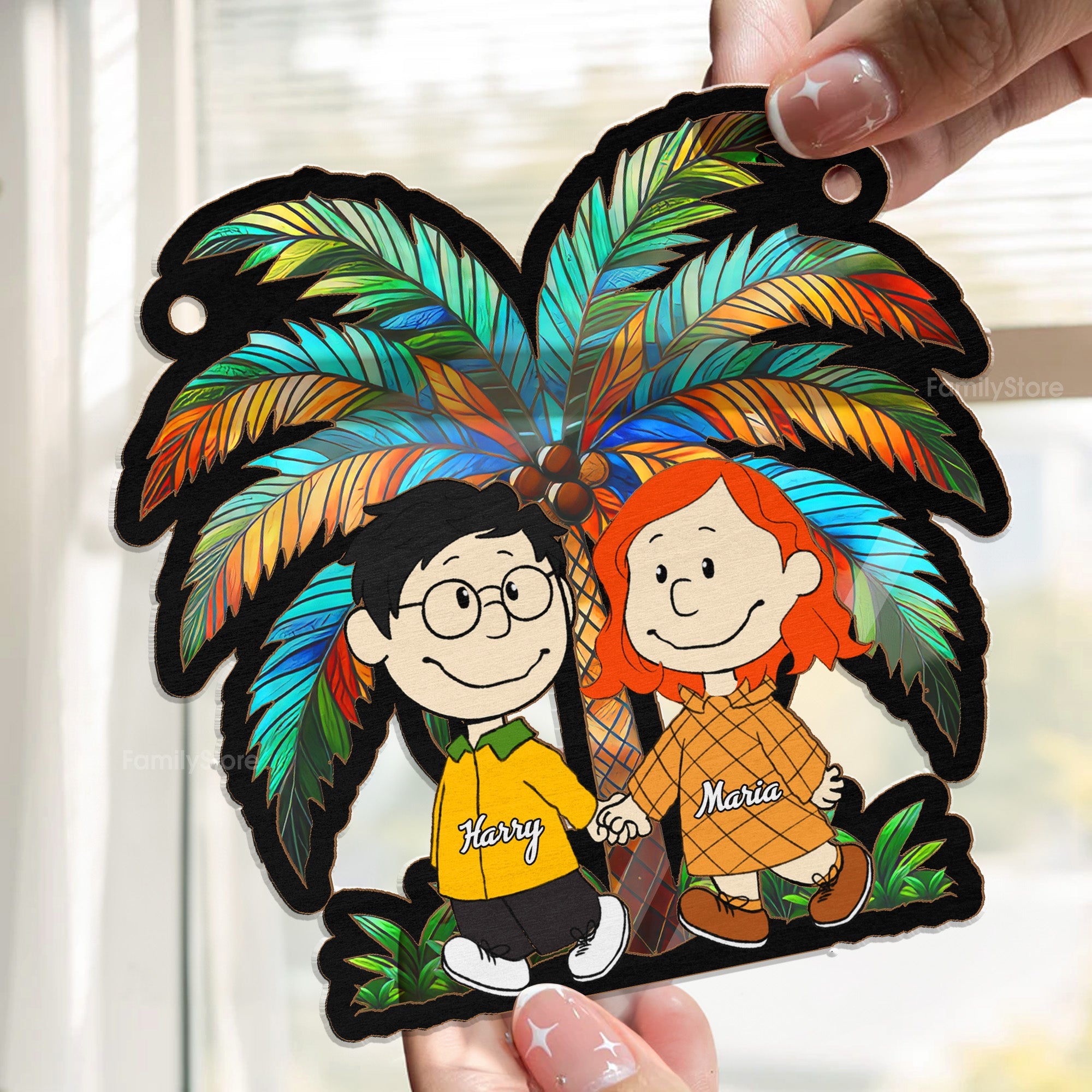 Personalized Palm Tree Sunset Suncatcher Ornament Gift for Couple