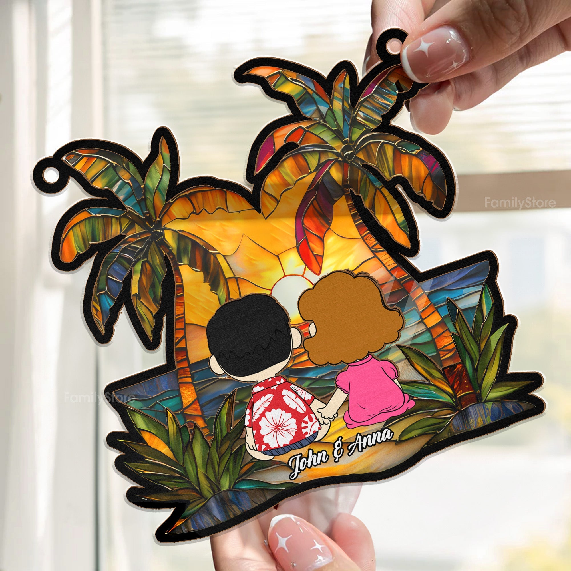 Personalized Window Hanging Suncatcher Ornament for Couples - Custom Name Beach Decor Gift
