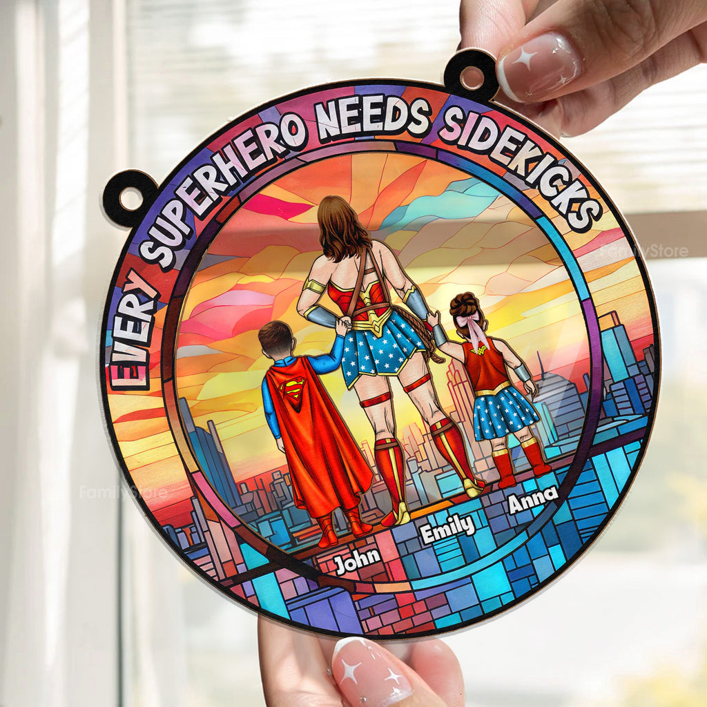 Personalized Superhero Sidekick Suncatcher Ornament Gift for Mom, Wife