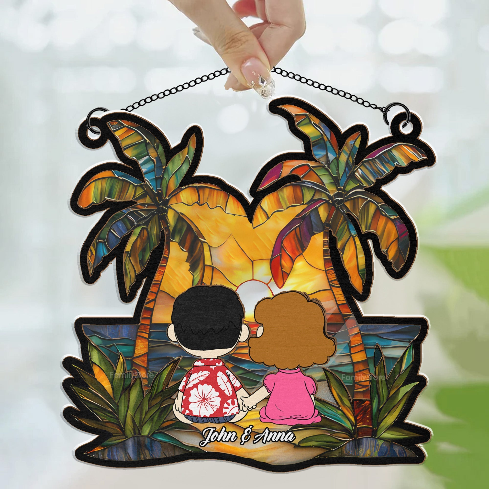 Personalized Window Hanging Suncatcher Ornament for Couples - Custom Name Beach Decor Gift