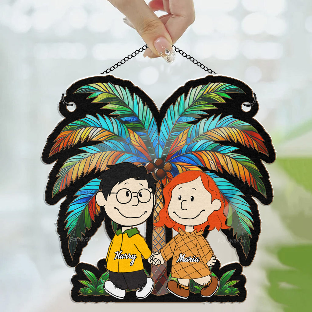 Personalized Palm Tree Sunset Suncatcher Ornament Gift for Couple