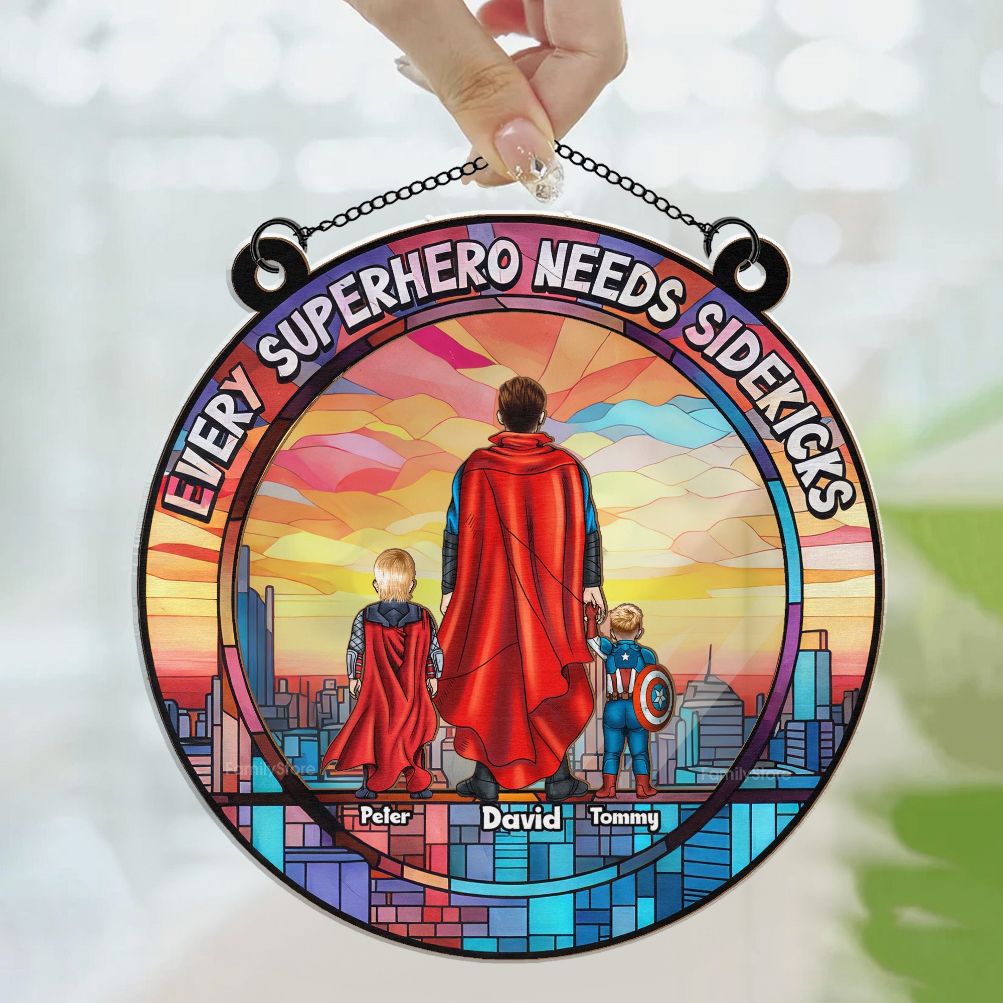 Personalized Superhero Sidekick Window Suncatcher Ornament Gift for Dad